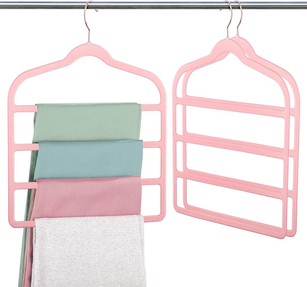 Velvet Pants Clothes Hanger Space Saving Non Slip Pants Shorts Hanger, Myfolrena Jeans Slack Trousers Hangers Multiple Velvet Hanger Closet Storage and Organization for Jeans,Scarf,Tie(Pink, 3)