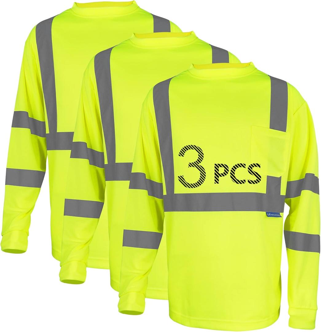 Safety Shirt Long Sleeve High Visibility Reflective Breathable T Shirt for Work Warehouse Construction Class 3 (X-Large)
