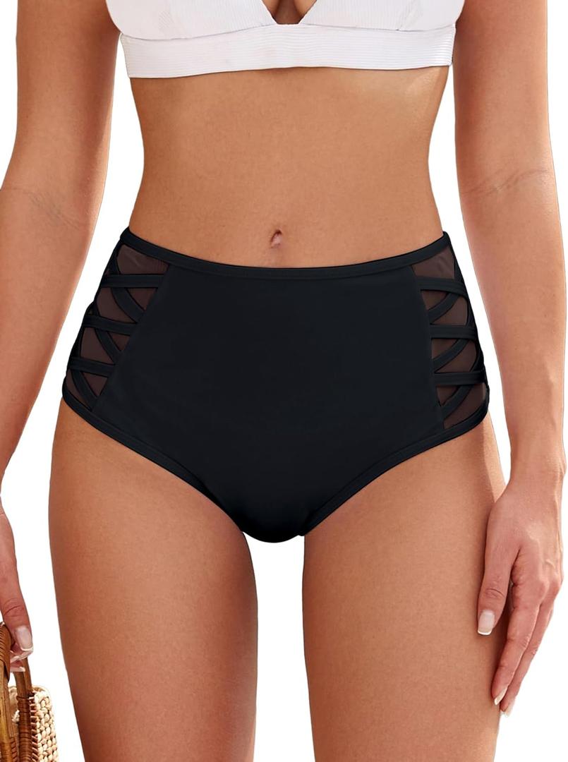 ZAFUL Women High Waist Bikini Bottom Side Mesh Spliced Tankini Swimsuit Swim Briefs Bathing Suit Bottom (Large, 0-black)