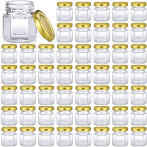 Nuogo 100 Pack 1.5oz Mini Hexagon Glass Jars Bulk for Wedding Small Honey Jars with Lids Spice Jars Canning Jars Mason Jars for Gifts Candy Honey Wedding Party Favors DIY Crafts (Gold)