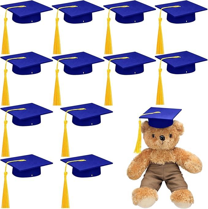 Foilswirl 12 Pcs Mini Graduation Cap with Tassel Mini Plush Mason Jar Small Animal Bachelor Hat Photo Prop Party Supply(Blue Gold,4.33 x 4.33 Inch)