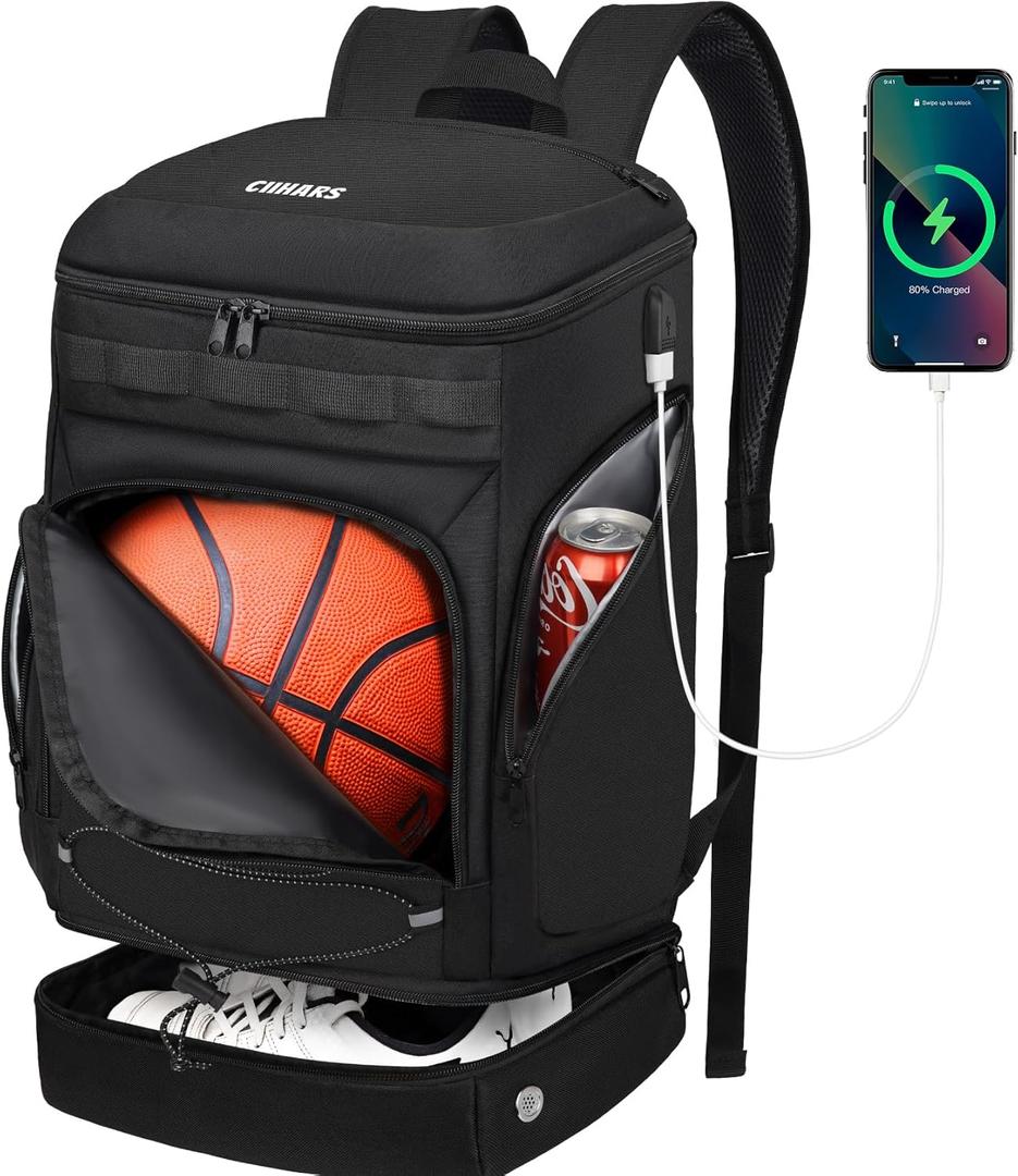 Basketball Backpack Bag Large Sports Bag with Separate Ball holder & Shoes compartment, Best for Basketball, Soccer,Volleyball,Gym (Black)