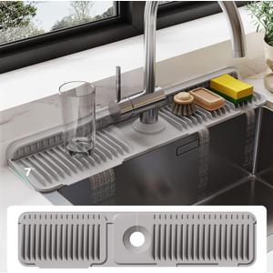 24 Inch Silicone Faucet Mat for Kitchen Sink Splash Guard - 7 Slope Water Draining Mat with Fasten Button for Bathroom Area (Gray, 24''x5.5'')