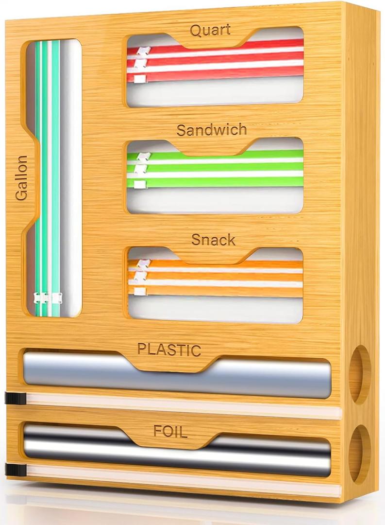 KOCWELL Bag Organizer and Plastic Wrap Dispenser with Cutter, 6 In 1 Bamboo Foil and Plastic Wrap Organizer for Kitchen Drawer, Food Storage Bag Organizer for Gallon,Quart,Sandwich,Snack(Yellow) KOCWELL Bag Organizer and Plastic Wrap Dispenser with Cutter, 6 In 1 Bamboo Foil and Plastic Wrap Organizer for Kitchen Drawer, Food Storage Bag Organizer for Gallon,Quart,Sandwich,Snack(Yellow)