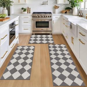 SHACOS 3Pcs Kitchen Rug, Checkered Kitchen Mat for Floor, Washable Non Slip Runner Rug for Hallway Entryway, Kitchen Runner Set for Kitchen, Front of Sink (17"x30"+17"x47"+17"x59", Grey/White)