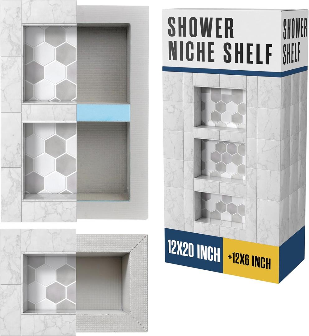 Houseables Shower Niche, Shower Niche Insert Tile Ready, Recessed Bathroom Storage, 12x20 + 12x6, in Wall Shelf, Cubby Inserts, Recessed Shampoo Caddy, Inset Shelves, Built in Nook, Soap Box, Prefab