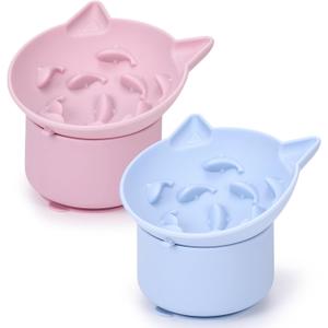 Funnymoom 2 Pack Silicone Cat Slow Feeder, Elevated Slow Feeder Cat Bowl for Dry and Wet Food, Tilted Design with Non Slip Base, Adjustable Angle for Pet (Pink and Blue)