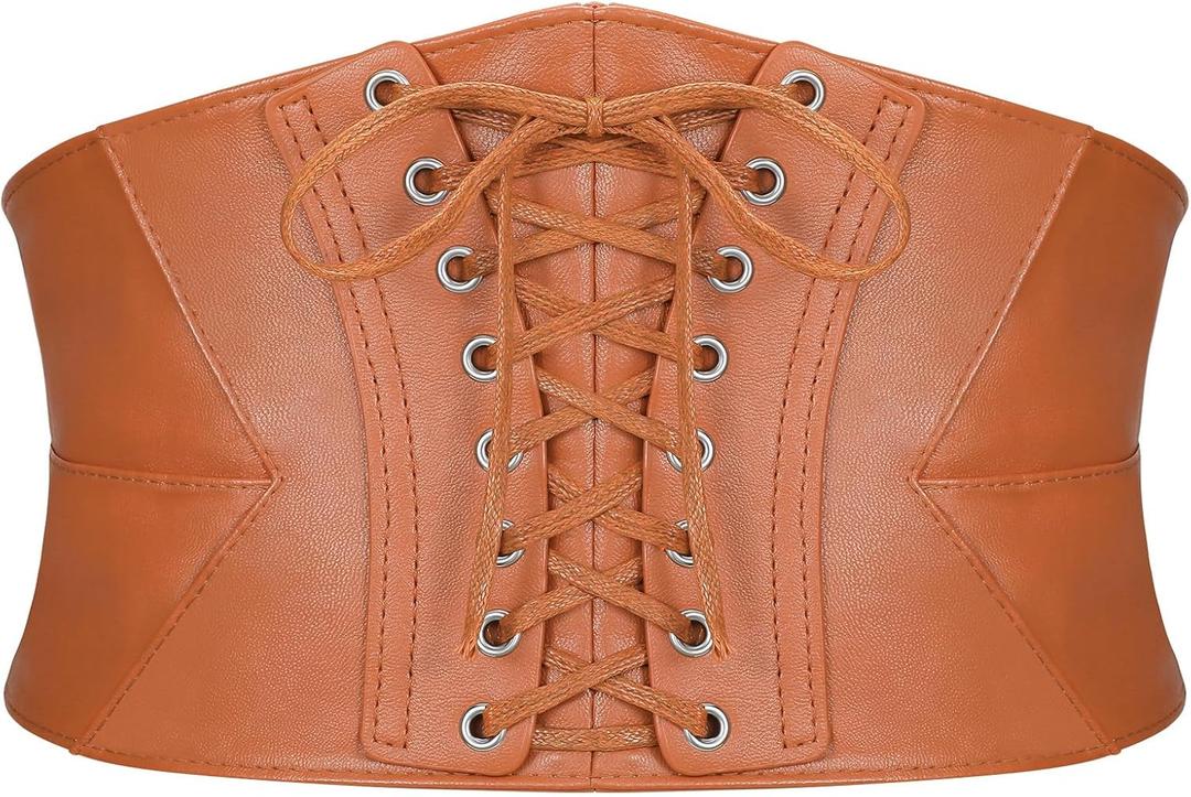 SANSTHS Wide Elastic Lace-up Tied Waspie Belt for DressesCorset Waist Belt for Women Halloween Costume (Brown, XL)