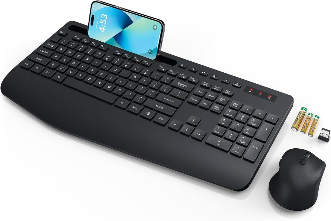 Wireless Keyboard and Mouse, Wrist Rest, Phone Holder, Batteries Included, 2.4G Lag-Free Ergonomic Keyboards Mouse Combo, Silent Keyboard Cordless Set for Computer, Laptop, PC, Mac, Windows -SABLUTE (1 Pack, Classic Black)