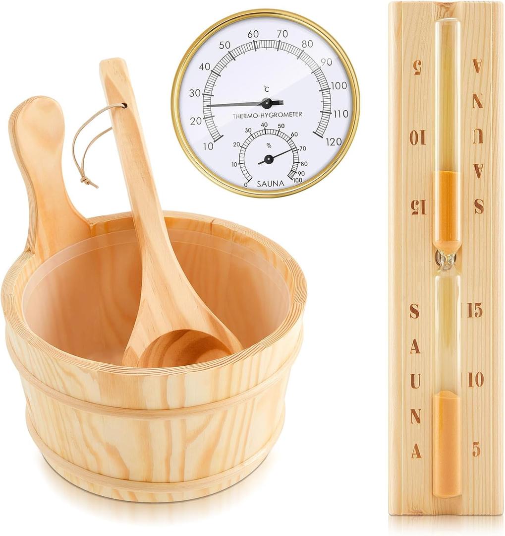 4 Pcs Sauna Accessories Set Include Wooden Sauna Bucket (with Plastic Liner) with Ladle 2 in 1 Thermometer Hygrometer Hourglass Timer Kit for Steam Room