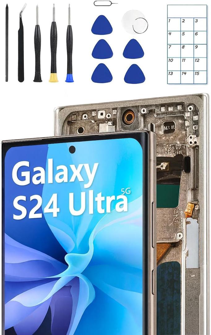 OLED Screen Replacement for Samsung Galaxy S24 Ultra 5G with Frame & Fingerprint Sensor  Includes Full Tool Kit & Installation GuideGray/Silver