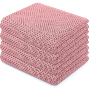 Homaxy 100% Cotton Waffle Weave Kitchen Dish Towels, Ultra Soft Absorbent Quick Drying Cleaning Towel, 13 x 28 Inches, 4-Pack, Dried Rose