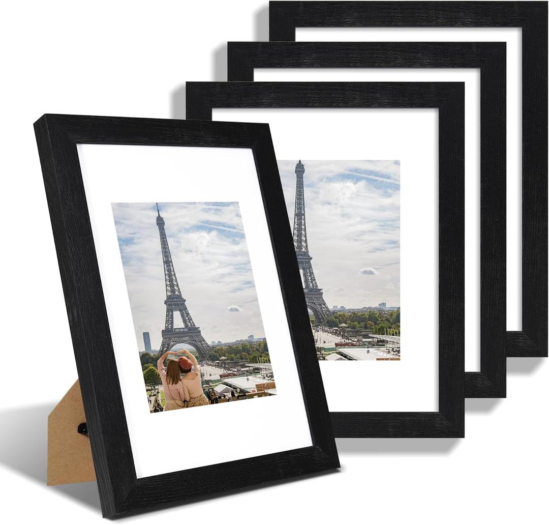 9x12 Picture Frame Set of 4, Made of Glass and Rustic Black Wooden Frame - Display Picture 6x8 with Mat or 9 x 12 Without Mat, 9 by 12 Photo for Wall or Tabletop