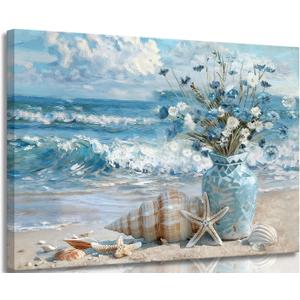 Framed Blue Ocean Beach Canvas Wall Art Modern Coastal Painting Picture Wall Decor Flowers Vase Starfish Conch Poster Print Artwork for Living Room Bedroom Bathroom Home Decoration 16x24in