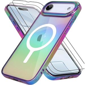 Bonoma for iPhone Air Case 2025 Magnetic Support for Magsafe Bling Laser Iridescent Florescent Crystal Camera Protector Shockproof Edge Cover -Purple