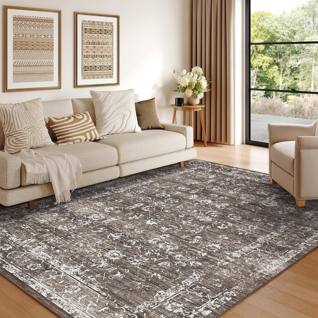 8x10 Washable Area Rugs for Living Room, Neutral Boho Rugs for Bedroom, Vintage Large Soft Faux Wool Carpet for Nursery, Playroom, Dorm, Office, Dinning Room, Non Slip, Dark Brown