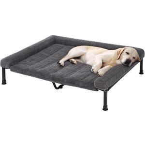 Veehoo Cooling Elevated Dog Bed with Fluffy Plush Cushion, Washable Raised Dog Beds with Removable Bolster, Breathable Mesh, No-Slip Feet, Heavy Duty Pet Cot for Large Dogs, 53 x 37 inches, Grey