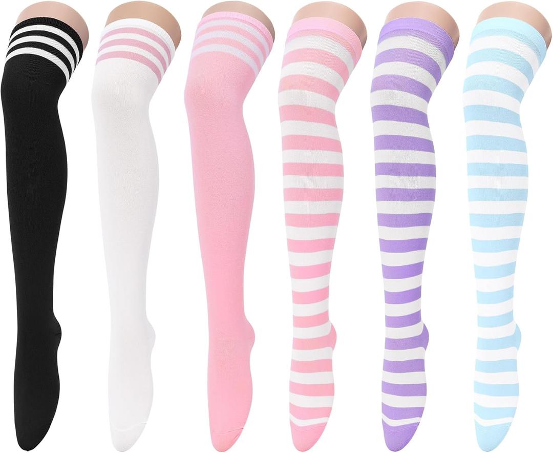 Zando Women's 6-Pack Cotton Thigh High Over Knee Socks - Striped Boot Socks & Leg Warmers for Daily, Sports, Cosplay, One Size