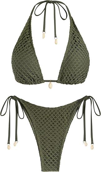 ZAFUL Women's Triangle Bikini Multiway Fishnet Tie Side Bandeau Halter String Bikini Set Two Piece Swimsuit Bathing Suits, L