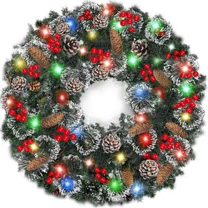30 Inch Super Large Thick Christmas Wreath for Front Door with 100 Lights Timer Realistic Feel 311 Tips 28 Pinecone 110 Red Berry Battery Operated Outdoor Christmas Wreath Xmas Door Decor