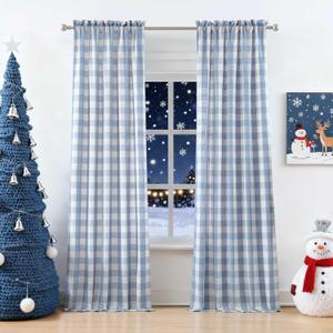 Bapawfish Linen-Dusty Blue Buffalo Check Curtains 95 Inches Length, Farmhouse Semi Sheer Drapes 8 FT for Bedroom Living Room, Buffalo Plaid Window Treatment, Rod Pocket, 40" Wx95 Lx2, Linen-Dusty Blue