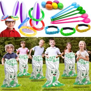 31 Pcs Easter Games Set for 6 Players - 6 Potato Sack Race Bags, Egg & Spoon Race, 3 3-Legged Bands, 2 Bunny Ear Ring Toss - Kids Family Easter Carnival Hunt Party Activities Outdoor Yard School Event