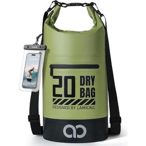 Lamicall Dry Bag Waterproof Backpack - [Zippered Pocket] 20L Roll Top Waterproof Bag with Water Proof Phone Pouch, Floatable Drybag for Swimming, Boating, Kayaking, Camping, Beach (Olive Green)