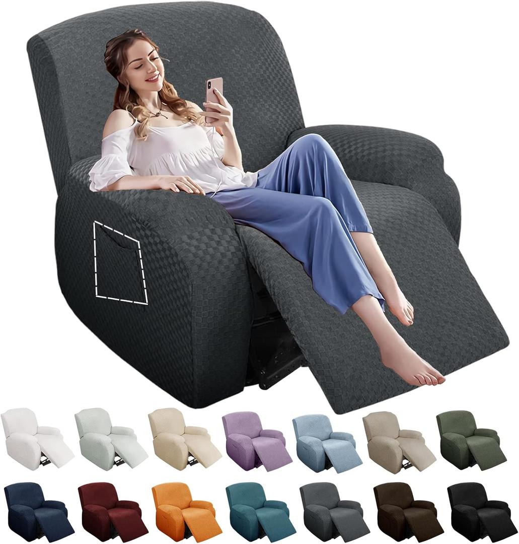 YEMYHOM 4 Pieces Stretch Recliner Slipcover Latest Jacquard Recliner Chair Cover with Side Pocket Anti-Slip Fitted Recliner Cover Couch Furniture Protector with Elastic Bottom (Recliner, Dark Gray)