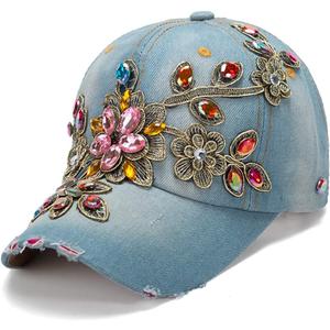 Women Multi-Color Rhinestone Baseball Cap Bling Denim Sun Hat,Studded Big Crystals,Adjustable (Blue, S)