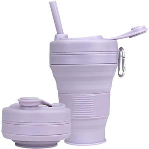 Silicone Coffee Cup with Straw lid Collapsible Cups for Traveling 20oz Lightweight Folding Water Mug for Picnic Hicking Camping Climbing (Purple)