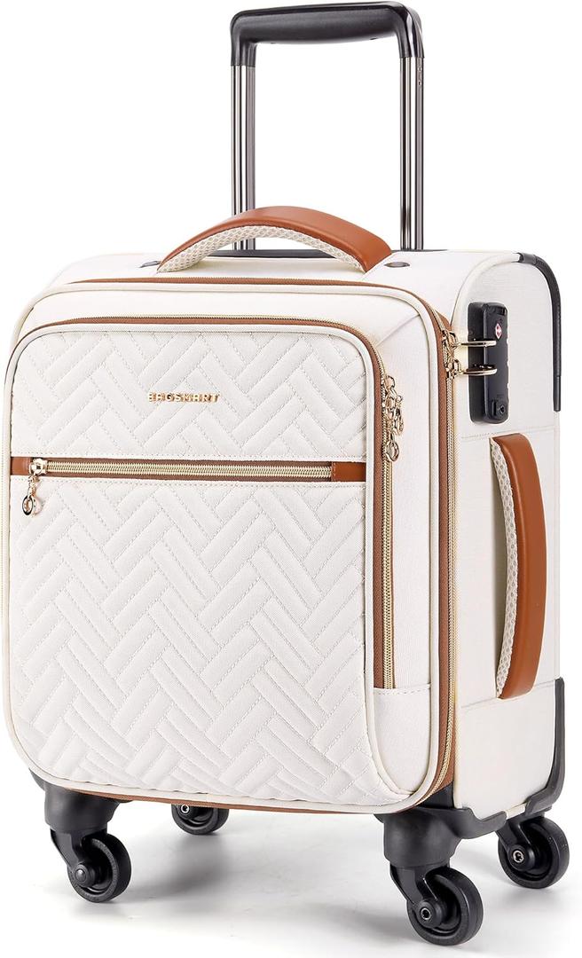 BAGSMART Underseat Carry On luggage Airline Approved, 16-inch Small Softside Underseater Travel Suitcase with Spinner Wheels Overnight Bag Small Rolling Carry-on for Women Men Weekender,Beige