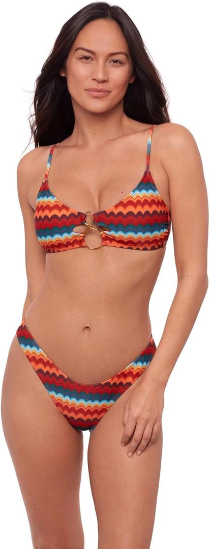 Sports Illustrated Womens Double Ring Bralette Bikini Top (Large, Groovy Stripe)