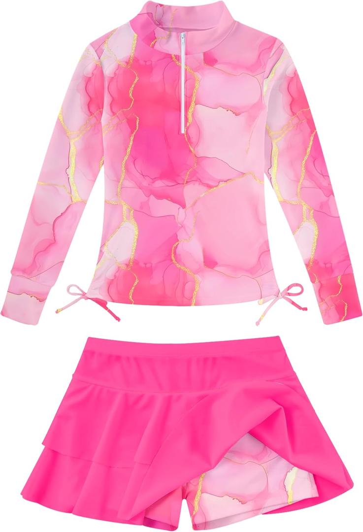 Vogseek 3-12T Girls Rash Guard 2 Pieces Bathing Suit Long Sleeve Swimsuit Swimming Skirt with Shorts Swimwear (Pink, S)