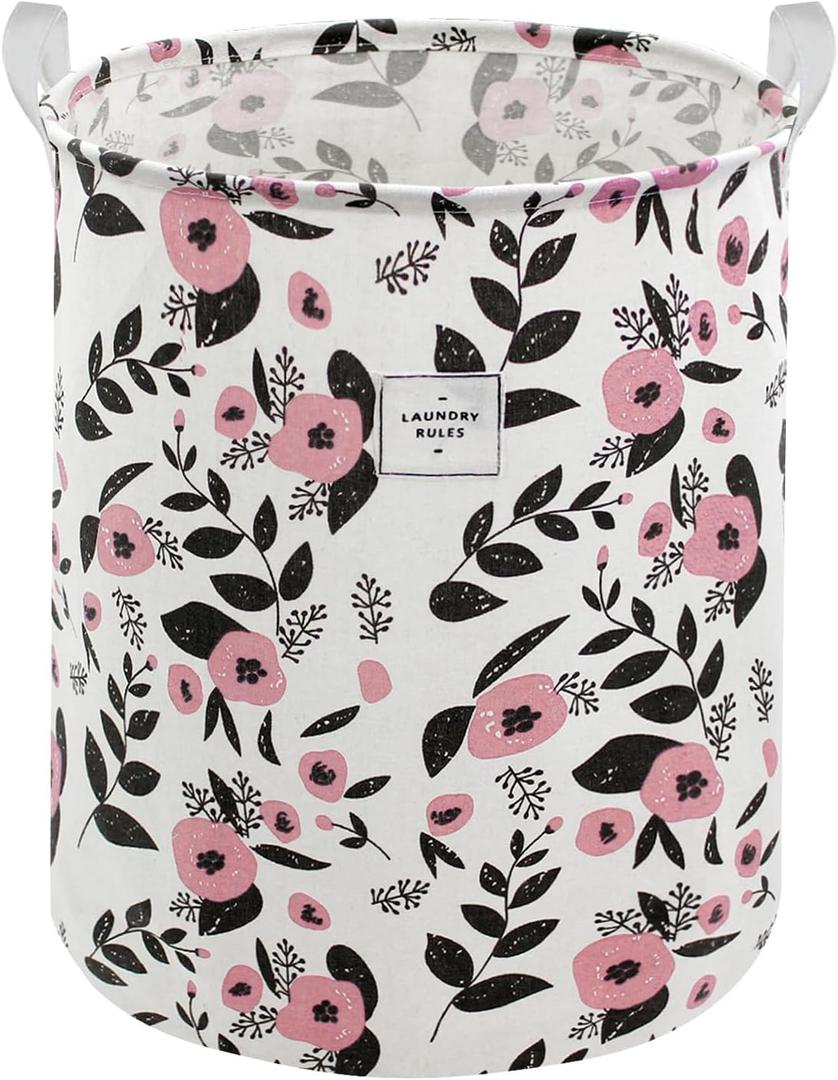 Mziart Cute Laundry Basket, Large Floral Laundry Hamper for Girls Kids Toys Collapsible Clothes Organizer Waterproof Foldable Baby Hamper for Nursery Dorm Fabric Storage Basket Bin with Handles (Pink)