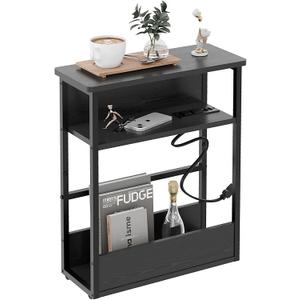 Very Narrow Side Table for Small Spaces, Slim End Table with Charging Station, Sturdy Tables with Storage Shelf and Magazine Rack for Living Room, Easy to Assemble, Black