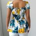 SOLY HUX Women's Floral Blouse V Neck Puff Sleeve Shirred Peplum Ruffle Hem Summer Tops (S)