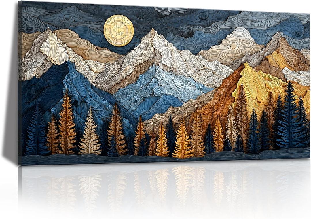 KZKU Abstract Canvas Print Mountain wall art for living room Blue and Gold Sunset Landscape Pine Tree Forest Pictures Bedroom dining room Office Kitchen Decor 20X40inch