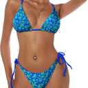 ZAFUL Women's Triangle Bikini Floral String Bikini Set Two Piece Swimsuit Bathing Suits (Blue), Medium