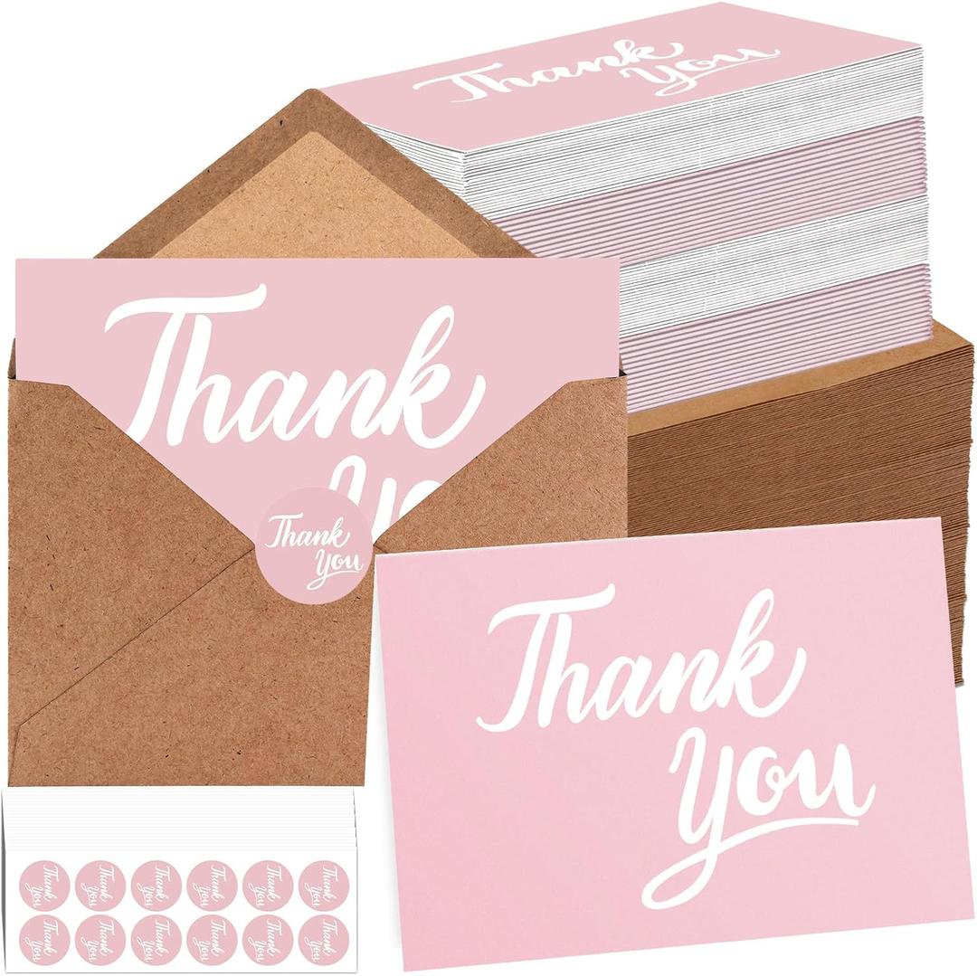 600 Pcs Pink Thank You Cards Bulk with Kraft Envelopes and Stickers 4x6 Inch Blank Thank You Notes Box Set Minimalistic Design for Business Wedding Baby Shower Graduation Bridal Shower Christmas