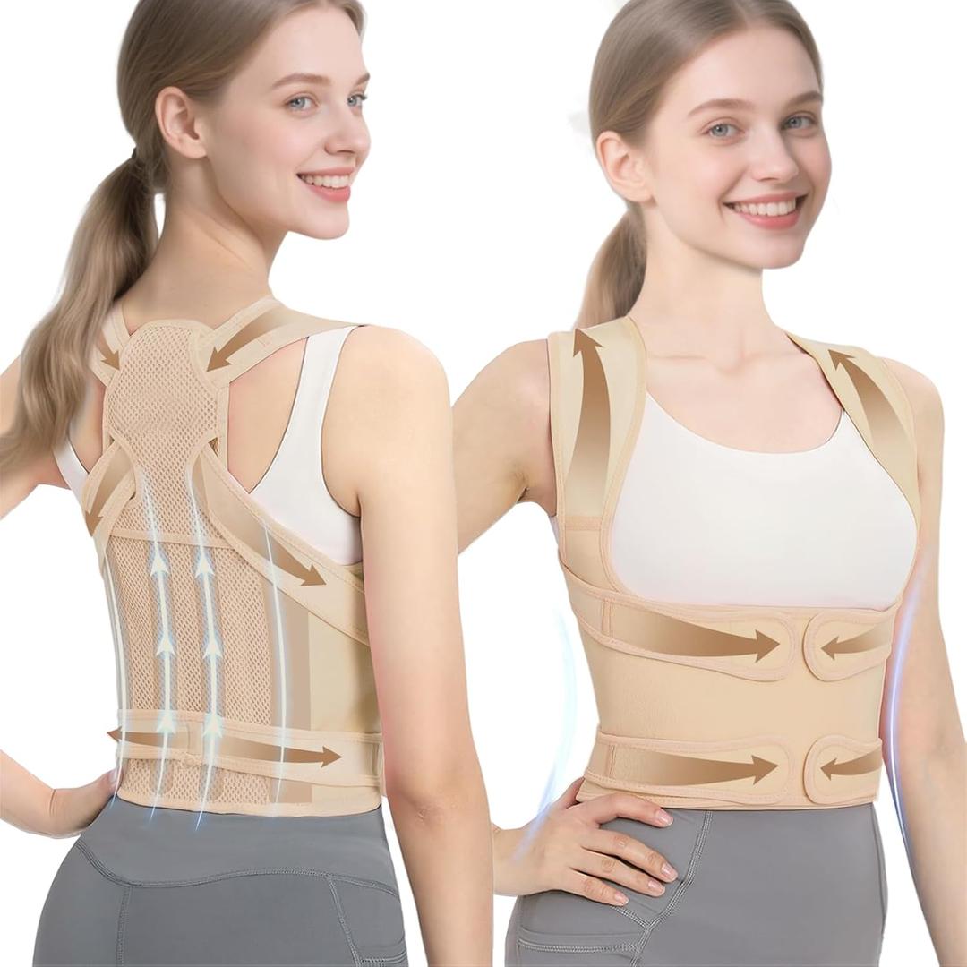 Posture Corrector for Women and Men, Full Back Brace with Adjustable Shoulder Straightener, Upper & Lower Back Support for Pain Relief, Spine Alignment, Scoliosis, Hunchback (M, Beige)