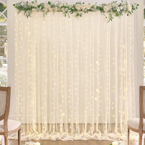 Champagne Tulle Backdrop Curtain with Lights String for Parites Wedding 10x8ft Champagne Sheer Backdrop Curtains for Bridal Shower Baby Shower Birthday Party Photo Booth Background Decorations