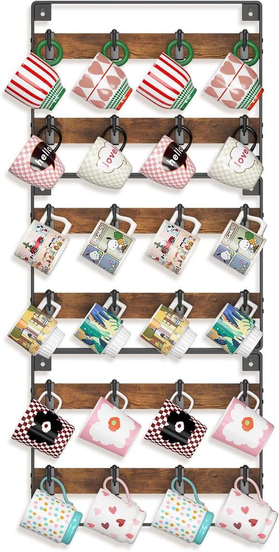 EsLuker.ly Mug Holder Hanger Rack Wall Mounted Wooden 3 Pack Coffee Cup Storage Organizer Display Shelf with 24 Movable Plastic Hooks, Ideal for Mug Collectors (Vintage Brown+Black)