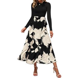 BTFBM Womens Fall Fashion 2024 Floral Maxi Dress Casual Crewneck Long Sleeve Ruffle Flowy Cocktail Wedding Guest Dresses, Small
