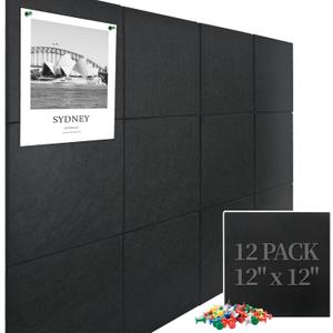 Large Cork Board Felt Wall Tiles, 47"x35" 12 Pack Felt Bulletin Board Pin Board with 48 Safe Removable Adhesive Tabs, 60 Push Pins, Alternative Cork Board for Walls Home Office (Black)