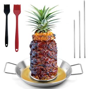 Fengzhe Al Pastor Skewer for GrillStainless Steel Vertical Skewer, Brazilian Spit Stand with 3 Spikes,2 Brushes,Ideal for Tacos Al Pastor,Shawarma, Kebabs on Smoker, Oven,with Fat Separator Tray