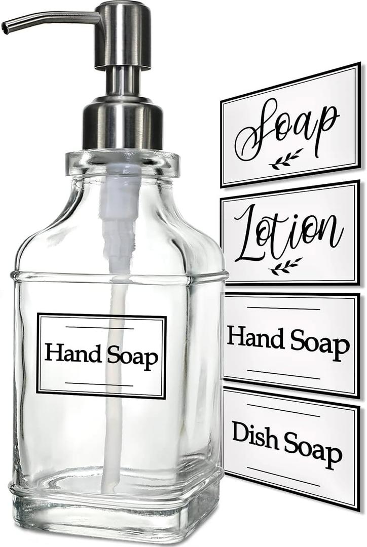 JASAI Antique Design Soap Dispenser with Rust Proof 304 Stainless Steel Pump, Refillable Glass Soap Dispenser with 10Pcs Clear Stickers, Premium Kitchen & Bathroom Soap Dispenser