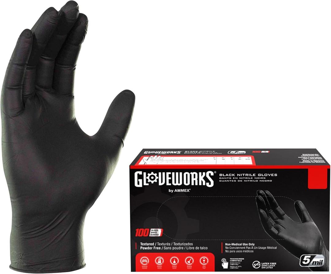GLOVEWORKS Black Nitrile Gloves Disposable Latex Free, 5 Mil Industrial, For Mechanic, Cleaning, Cooking, Kitchen, Food Grade (Medium (Pack of 100))