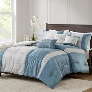 Madison Park King Comforter Set Jacquard Comforters for King Size Bed, Ogee Print, Pleated Trims, All Season Luxurious Comforters King Size Bedding Set, Lori, King/Cal King Teal/Silver 6 Piece