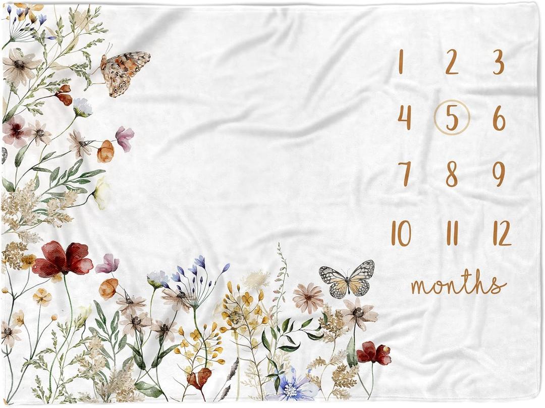Baby Monthly Milestone Blanket for Girls, 40"x50" Wildflower Newborn Photo Props, 12 Month Growth Chart