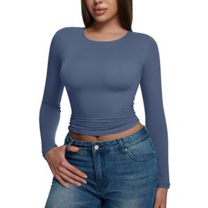 REORIA Long Sleeve Shirts for Women 2025 Fall Fashion Round Neck Basics Y2K Tops Layering Slim Fitted Top (Small, Azure Blue)